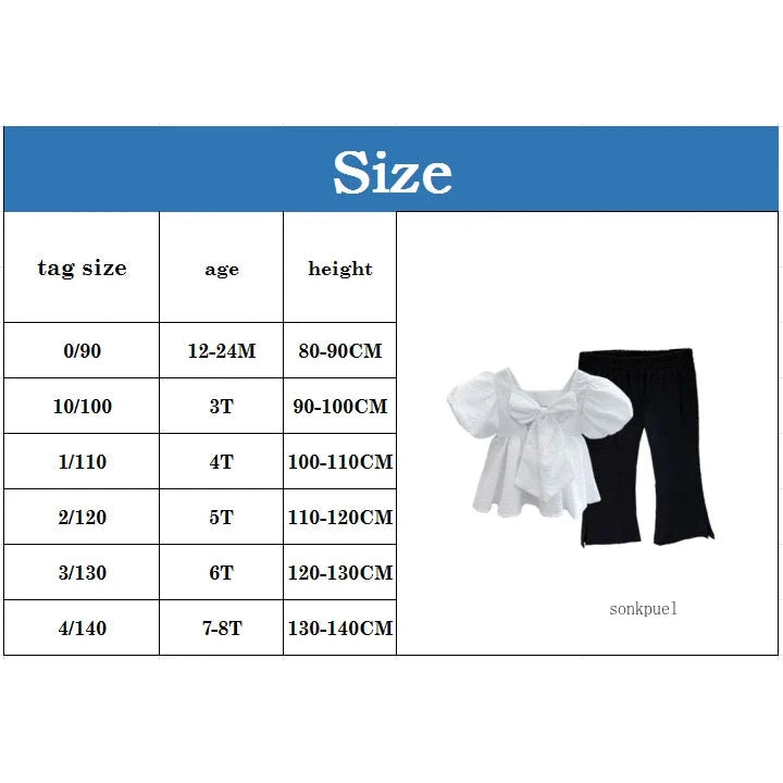 Girls Set Sweet Square Neck Bubble Backless Top with Side Split Flare Pants