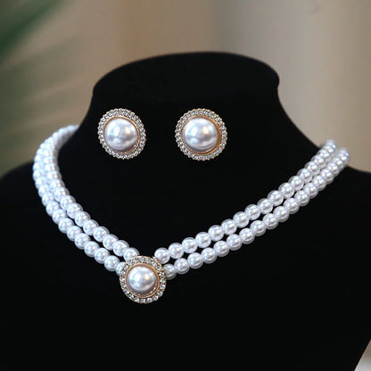 3PCS/Set Sweet Lady Imitation Pearl Round Pendant Necklace Earrings Jewelry Set