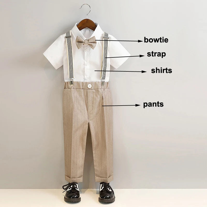 Boys Spring Summer Khaki Striped Suit Set Baby Child Birthday Party Wedding Photography Costume Kids Blazer Vest Pants Clothes