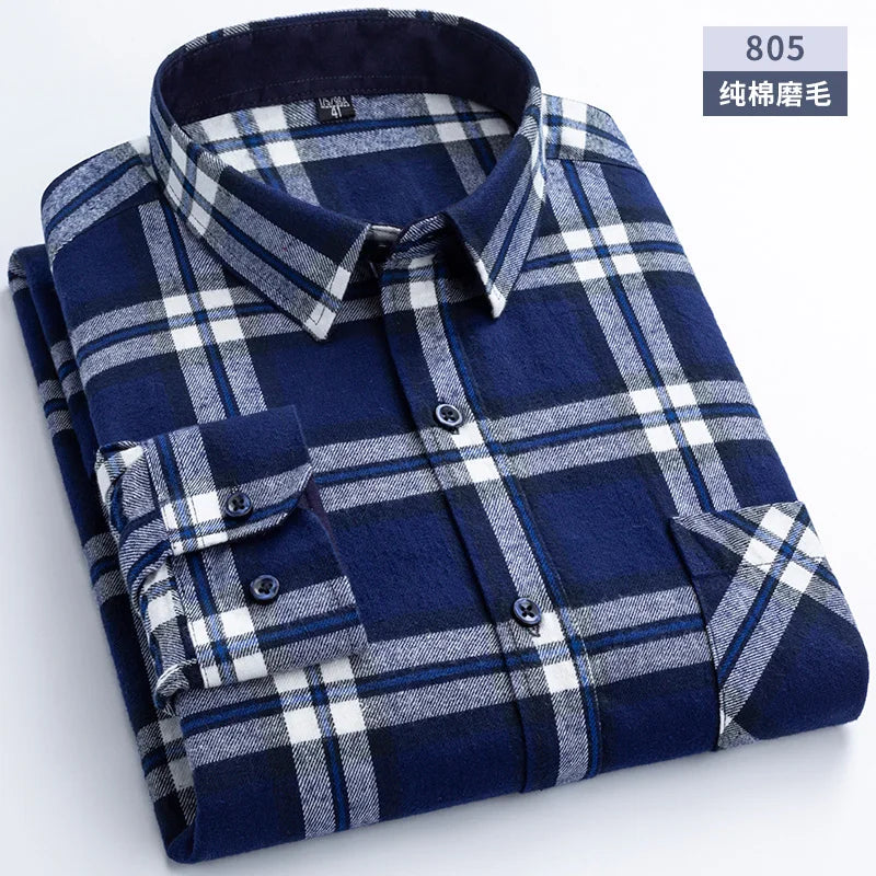 Flannel Plaid Shirts For Man Winter Warm Cotton Long Sleeve