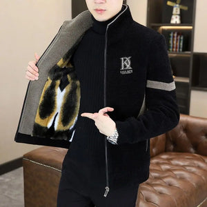 Men's Clothing Winter high quality Mink Jacket Handsome Collar Woolen Coat fleece-lined Thickened Jacket