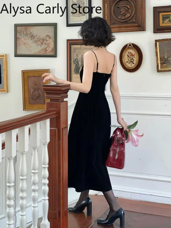 French Vintage Strap Dress Women Red Elegent Korean Party Midi Dress Female
