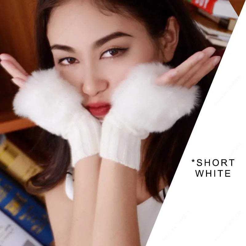 Autumn Winter Villi Knitted Touchscreen Gloves Women Girls Cute White Arm Warmers Furry Mittens Half Finger Fingerless Gloves