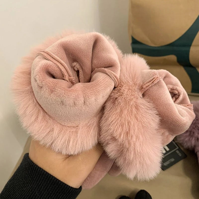 Fashion Women Gloves Autumn Winter Cute Furry Warm Mitts Full Finger Mittens Female Outdoor Sport Cycling Gloves