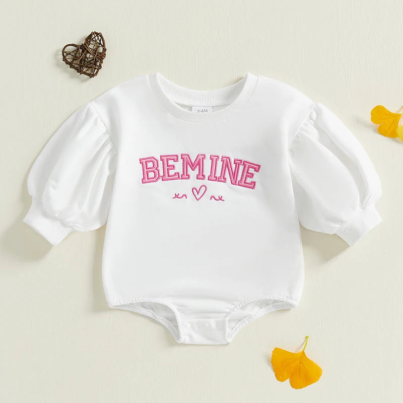 Infant Baby Girl Romper Autumn Valentine's Day Clothes Letter Embroidery Long Lantern Sleeve Crew Neck Bubble Jumpsuit for 0-18M