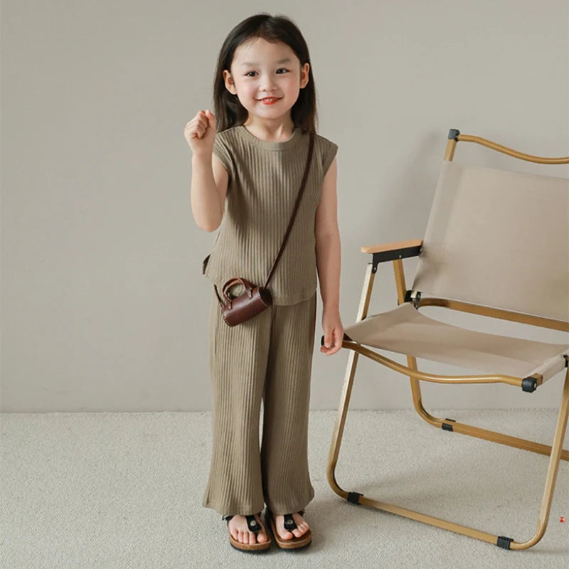 Children Girls Clothes Set Solid Color Summer Girls Loose Sleeveless Vests Set