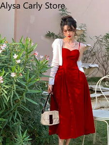 French Vintage Strap Dress Women Red Elegent Korean Party Midi Dress Female