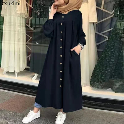 Women's Casual Muslim Dress Button Solid Long Sleeve Shirt Dress Pocket Robe Abayas for Women Open Abaya Dress