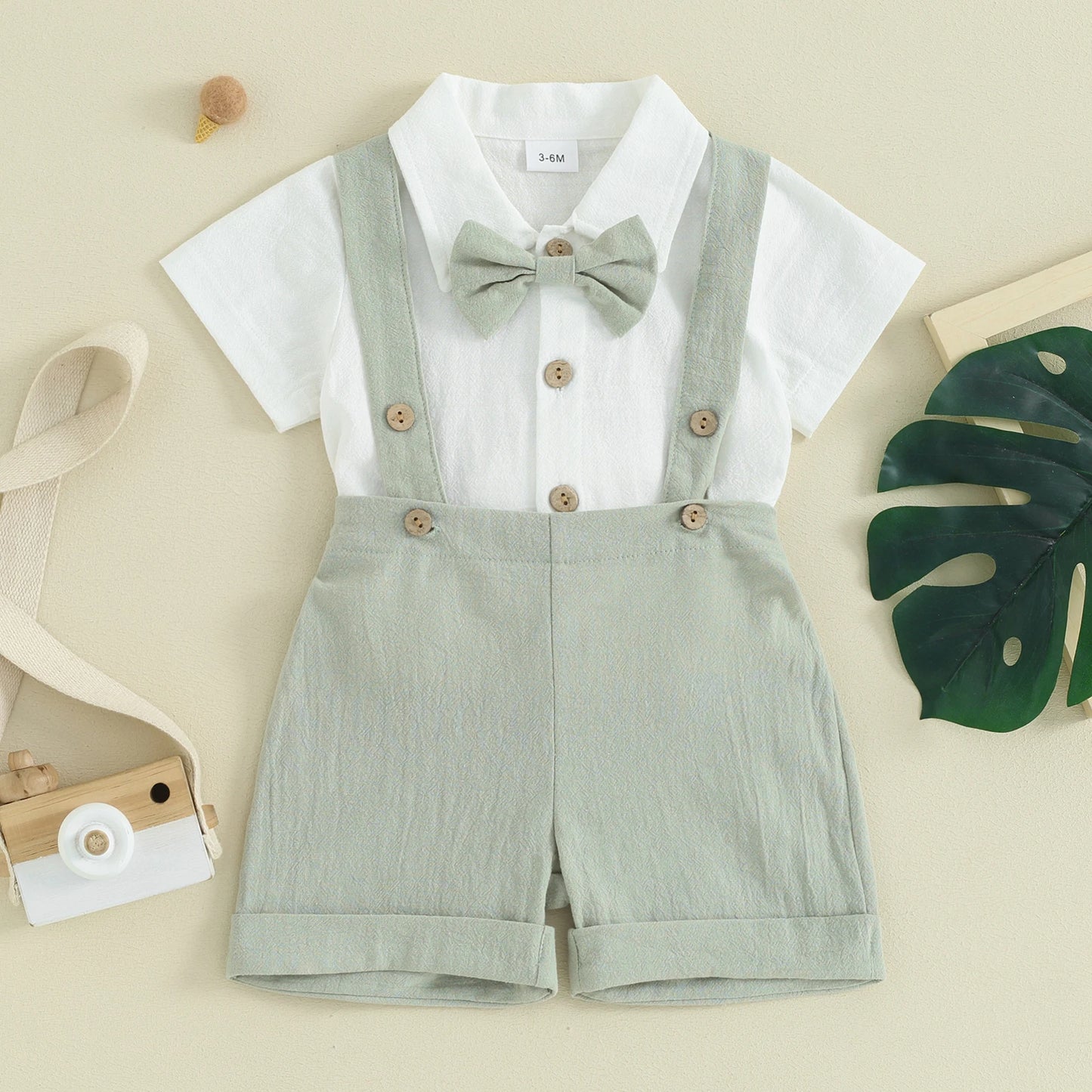 Pudcoco Toddler Boy Gentleman Outfit Solid Color Short Sleeves Romper with Bow Tie and Overalls Shorts