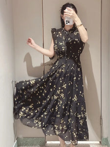 Kuzuwata Fresh Mid-length Print High Waist Robe New Gentle Literary Lace Up Pleated Slim Exquisite Mujer Japan New Elegant Dress