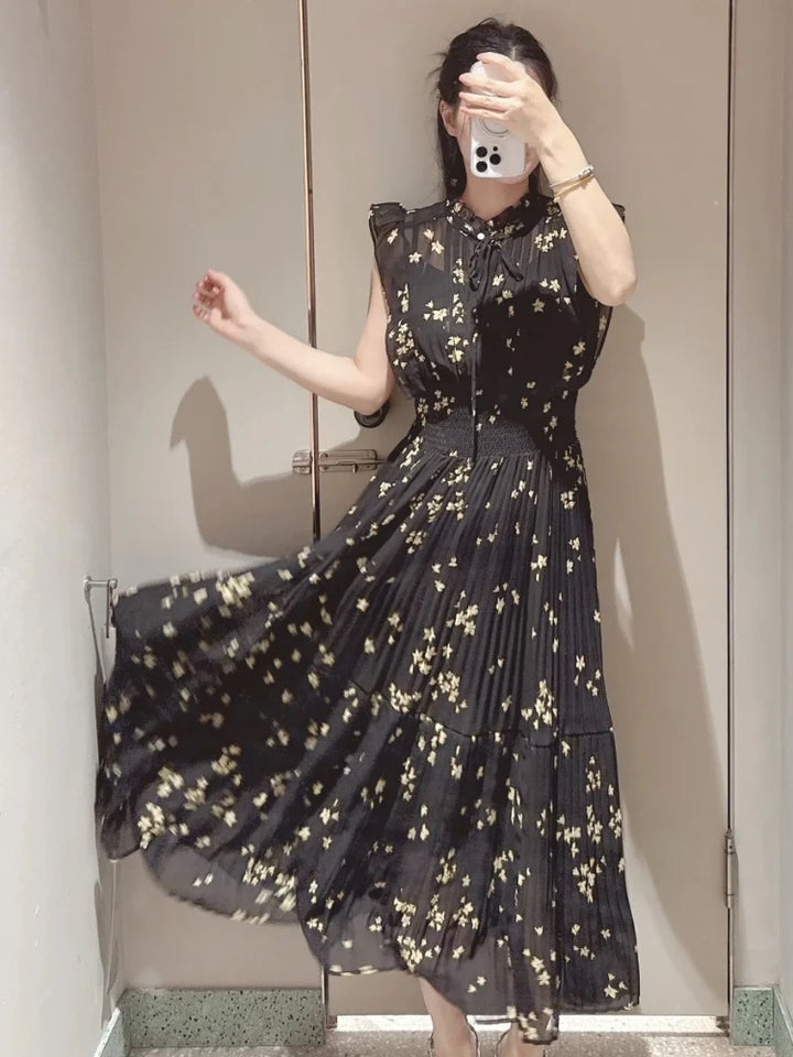 Kuzuwata Fresh Mid-length Print High Waist Robe New Gentle Literary Lace Up Pleated Slim Exquisite Mujer Japan New Elegant Dress
