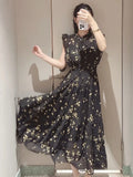 Kuzuwata Fresh Mid-length Print High Waist Robe New Gentle Literary Lace Up Pleated Slim Exquisite Mujer Japan New Elegant Dress