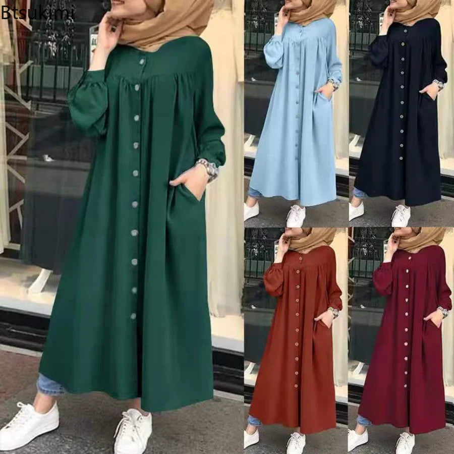 Women's Casual Muslim Dress Button Solid Long Sleeve Shirt Dress Pocket Robe Abayas for Women Open Abaya Dress