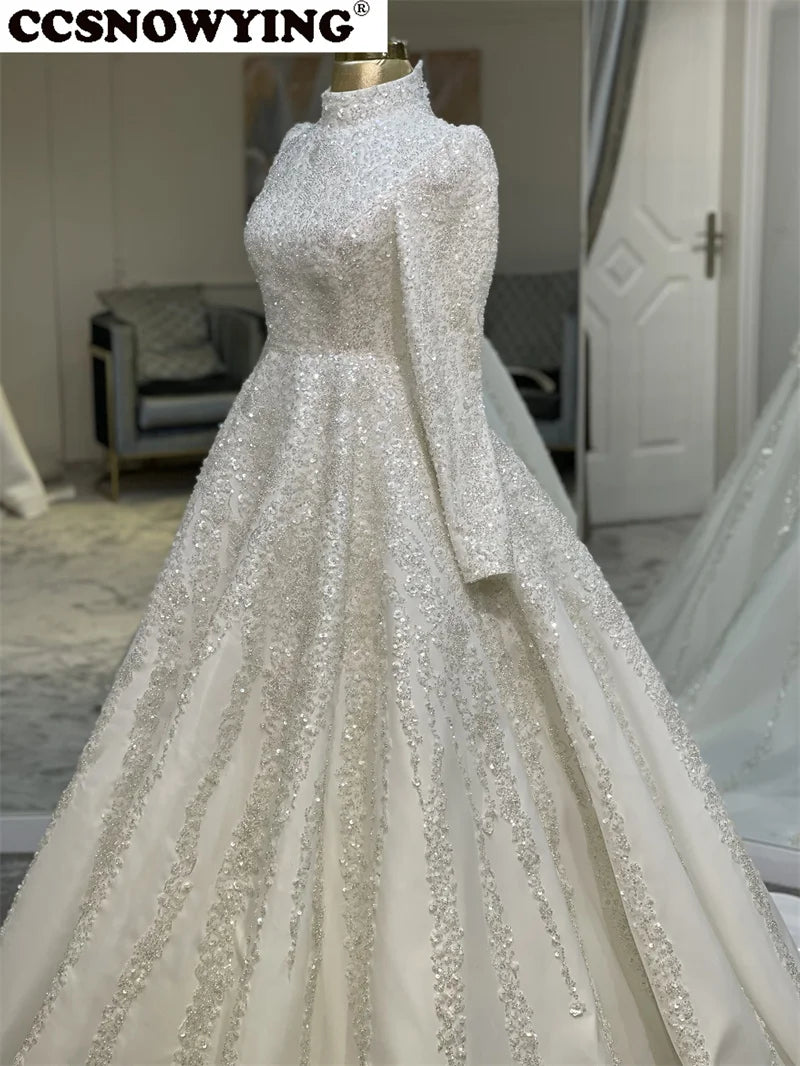 Luxury Satin Appliques Wedding Dress for Bride Long Sleeve High Neck