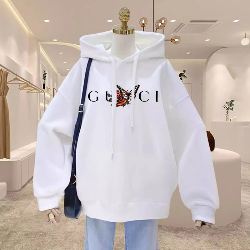 High Quality Print Fleece Hoodie Women's Fashion Graphic Loose Casual Sweatshirt