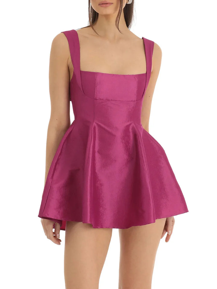 Women Summer Back Bow Short Sling Dress Solid Color Sleeveless Backless Square Neck Party Club A-line Dress