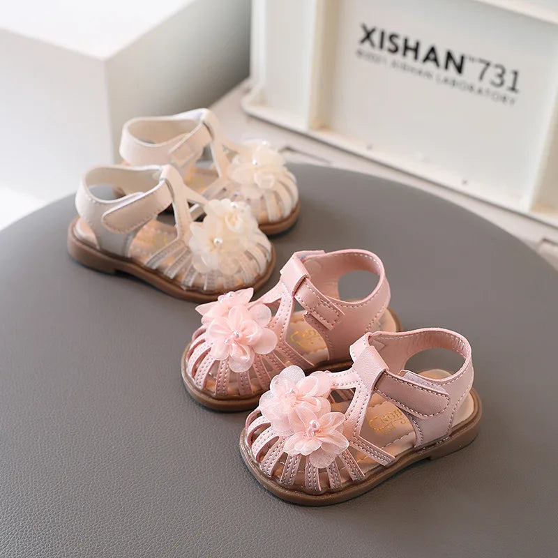 New Summer Kids Sandals Fashion Girls' Little Flower Princess Sandals Student Baby Soft Sole Flat Sandals Walking Shoes