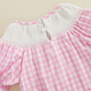 Infant Girl s Short Sleeve Romper with Embroidered Floral Detail and Ruffled Hemline Round Neck Summer Jumpsuit in Plaid