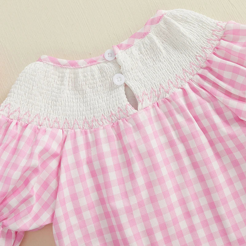 Infant Girl s Short Sleeve Romper with Embroidered Floral Detail and Ruffled Hemline Round Neck Summer Jumpsuit in Plaid