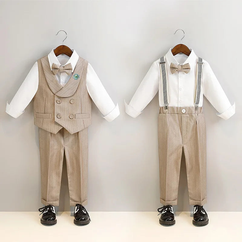 Boys Spring Summer Khaki Striped Suit Set Baby Child Birthday Party Wedding Photography Costume Kids Blazer Vest Pants Clothes