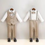 Boys Spring Summer Khaki Striped Suit Set Baby Child Birthday Party Wedding Photography Costume Kids Blazer Vest Pants Clothes