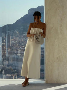 Sexy Tierred Folds Strapless Maxi Dress Women Slim Fit Off Shoulder A-line Sleeveless Dresses Female Summer Evening Party Robes