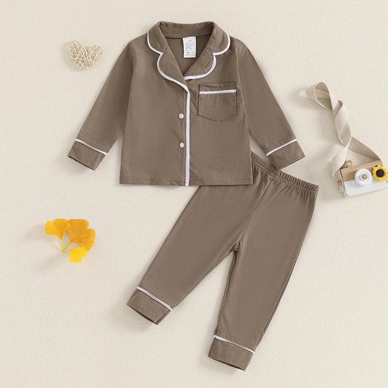 Spring Autumn Children Kids Boys Girls Pajama Sets Loungewear Long Sleeve Patchwork Button Shirts Pants Comfortable Sleepwear