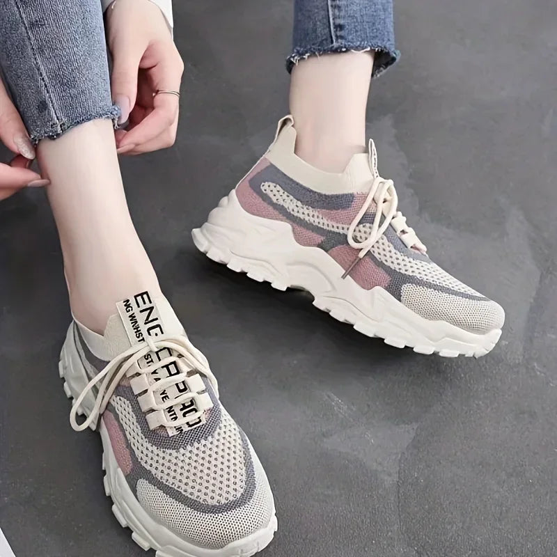 Woven Sneakers, Casual Lace Up Platform Shoes, Lightweight Mesh Low Top Running Shoes