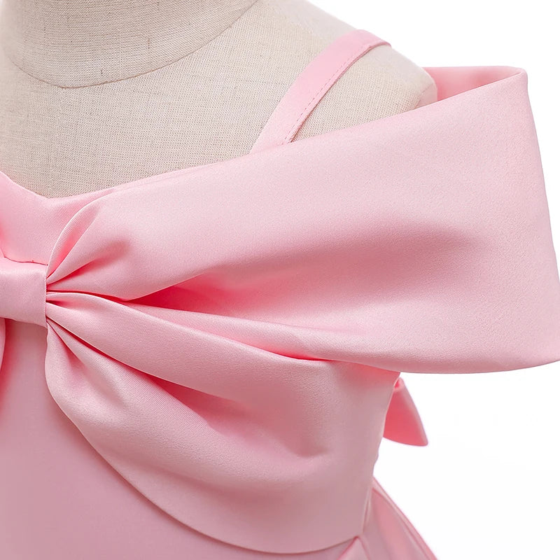 2024 New Girl Summer Solid Dress Bowknot Short Sleeve Shoulderless Children Skirts Breathable Quick Drying Casual Kids Dresses