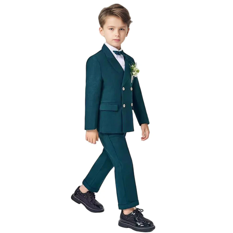 Children Formal Green 4pcs Suit Set Boys Birthday Wedding Party Performance Costume Kids Blazer Vest Pants Bowtie Outfit