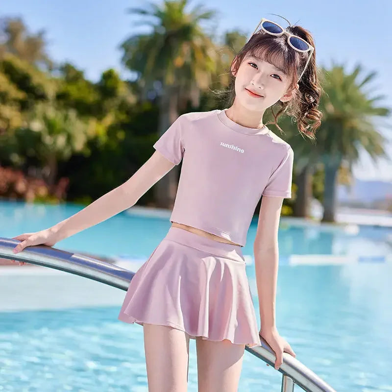 Two Pieces Girls Swimsuit Summer Beach Swimwear Skirt With Underwear Short Sleeve