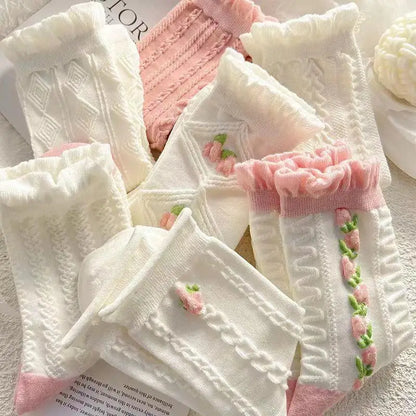 5 Pairs Cute Socks with Flowers Women Lace White Short Socks Sweet Lolita jk Ruffled Harajuku Krean Style Mid Tube Cotton Socks