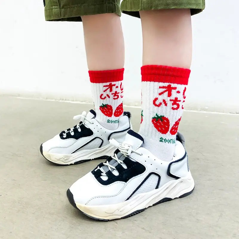 4 Pairs Red Strawberry Stripeed Socks for Girls Boys Unisex Kids Socks