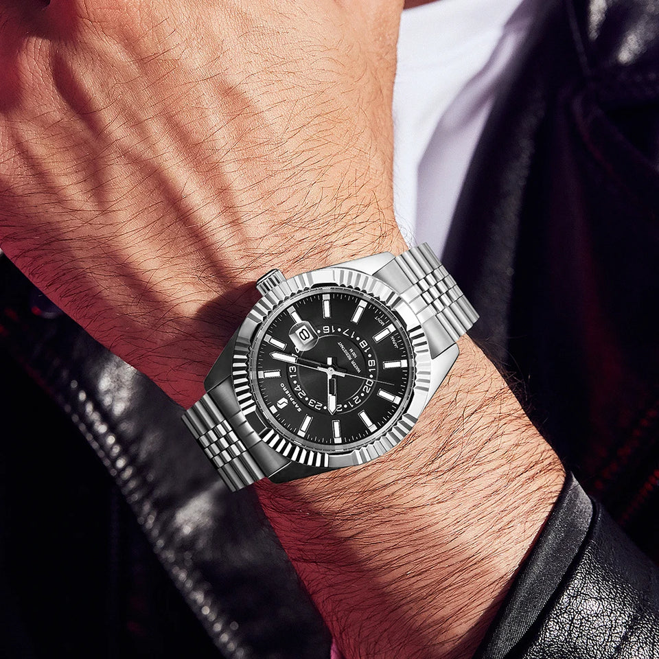 SAPPHERO Mens Watches luxury Business Stainless steel Wristwatch 100m Waterproof Bleu Quartz luminous Clock Gift for Men