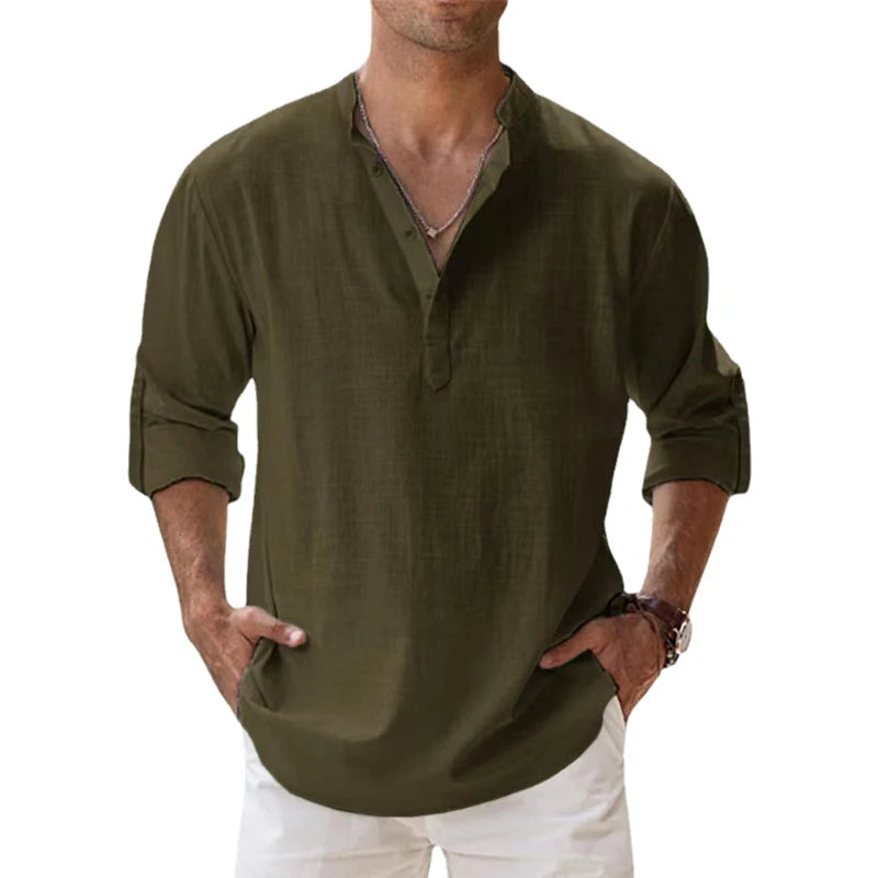 New Cotton Linen Shirts for Men Casual Shirts Lightweight Long Sleeve Henley Beach Shirts