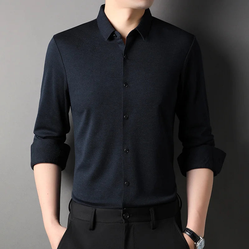 Top Grade Wool 4.7% Traceless New Brand Man 2023 Fashion Designert Shirts Business Slim Fit Long Sleeve Casual Men Clothing