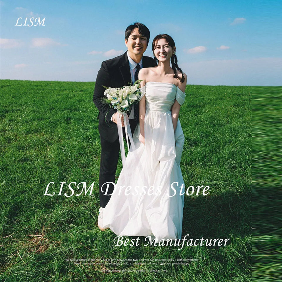 LISM 2025 Off Shoulder A Line Taffeta Wedding Dresses Korea Photo shoot Pleats Country Bridal Gowns Corset Back Customized