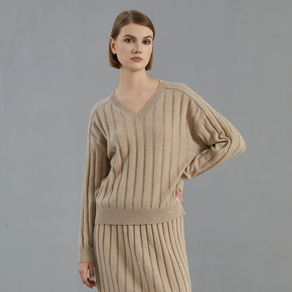 High Quality Luxury Women's Clothing 100% Cashmere V neck Pullover Knitted Hooded Sweater