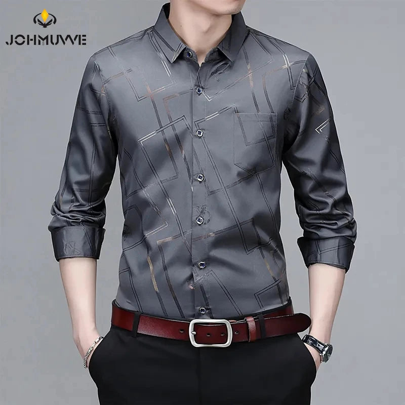 Men's Casual and Fashionable Long Sleeved Printed Shirt, Non Ironing and Wrinkle Resistant Business Top