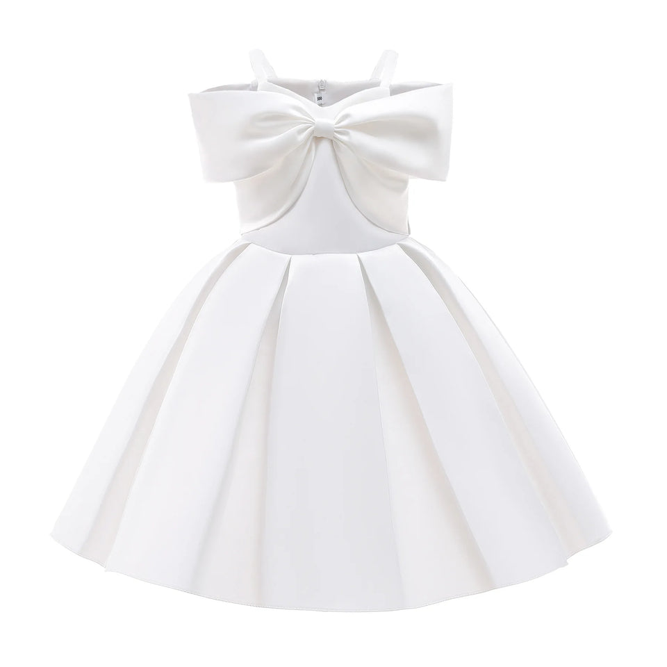 2024 New Girl Summer Solid Dress Bowknot Short Sleeve Shoulderless Children Skirts Breathable Quick Drying Casual Kids Dresses