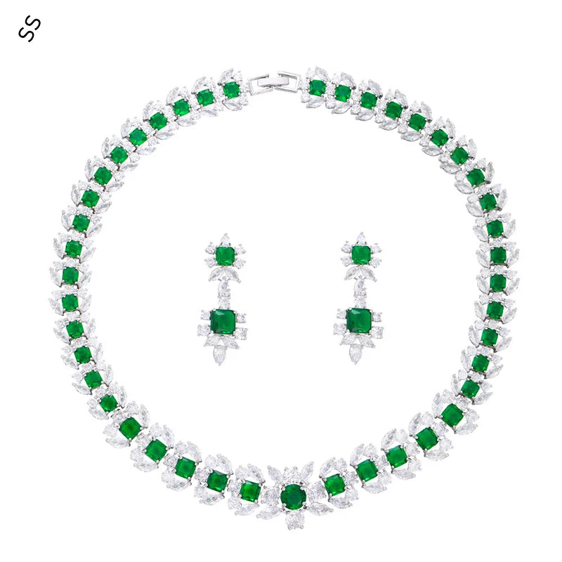 Europe and American High Quality Luxury Emerald Jewelry Sets 2 Piece Green Zircon Earring Necklace Chain Banquet Dress Accessory