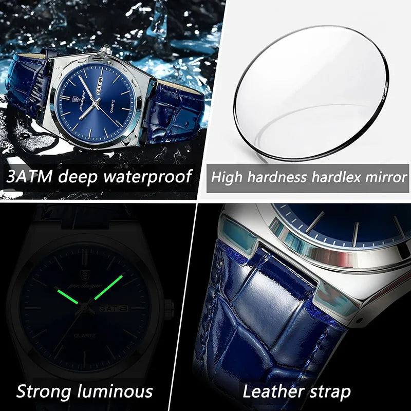 Fashion Leather Watches For Men Brand Luxury Business Ultra Thin Quartz Wristwatches Male Silver Luminous Man Clock Calendar New