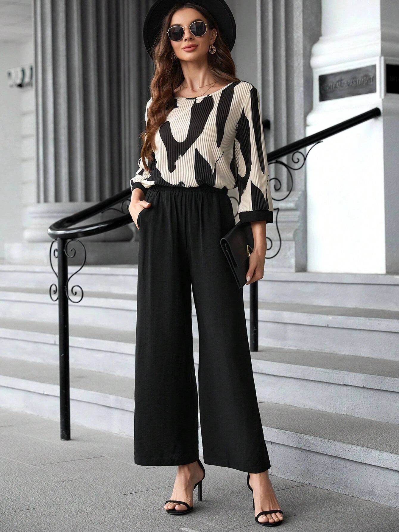 women's round neck printed 3/4 sleeve top; black pants set