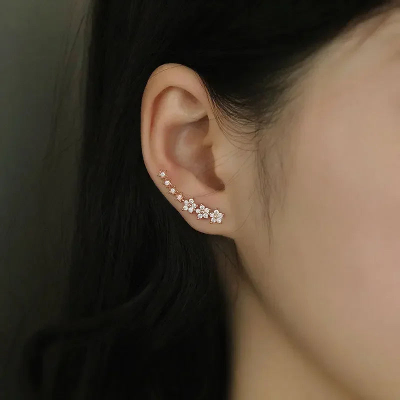 1 Pair Shiny Zircon Star Flower Climbing Earrings for Women Exquisite Sliver Color Crystal Statement Earrings Jewelry Gifts
