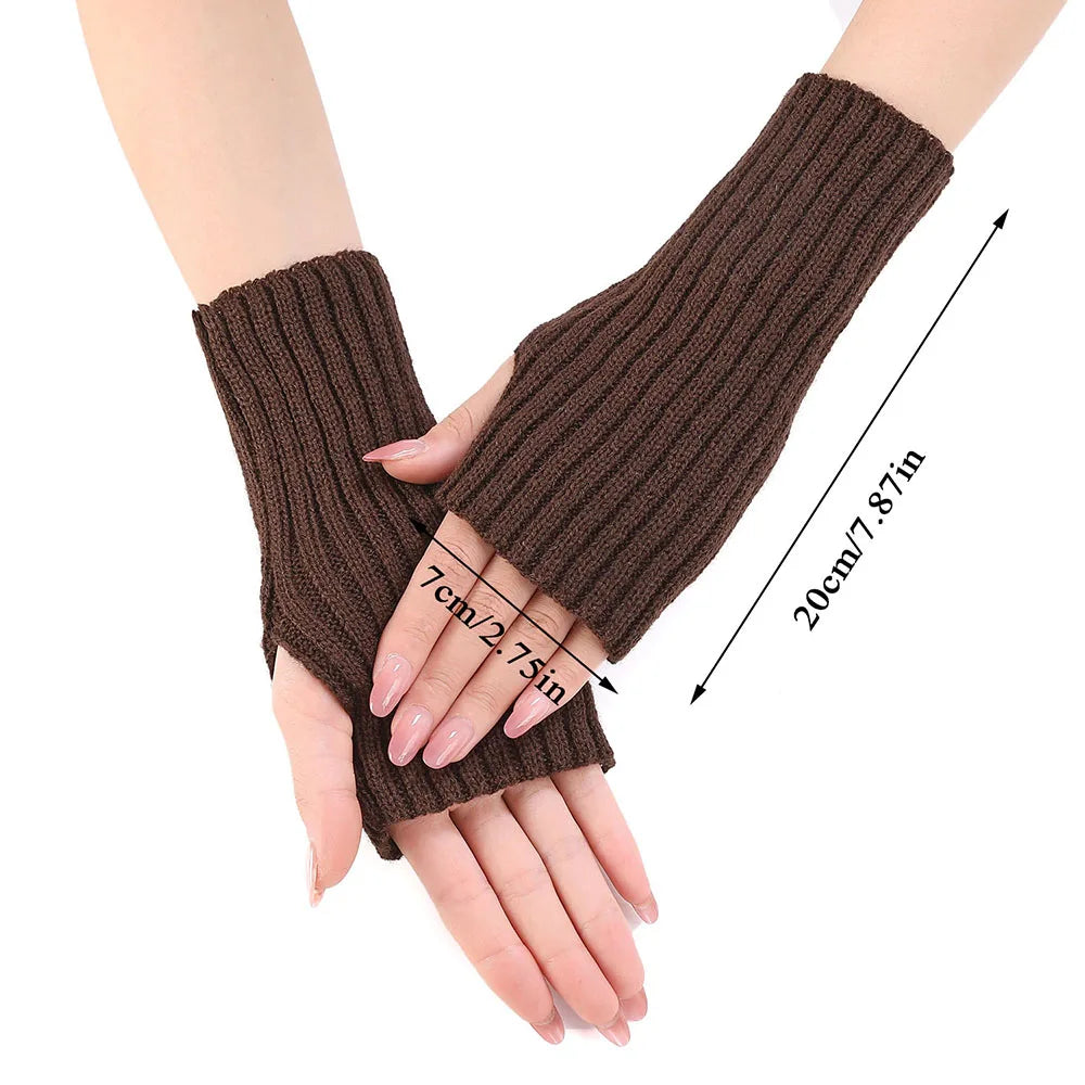 Women Half Finger Gloves Winter Knitted Arm Sleeves Fingerless Mittens Solid Color Soft