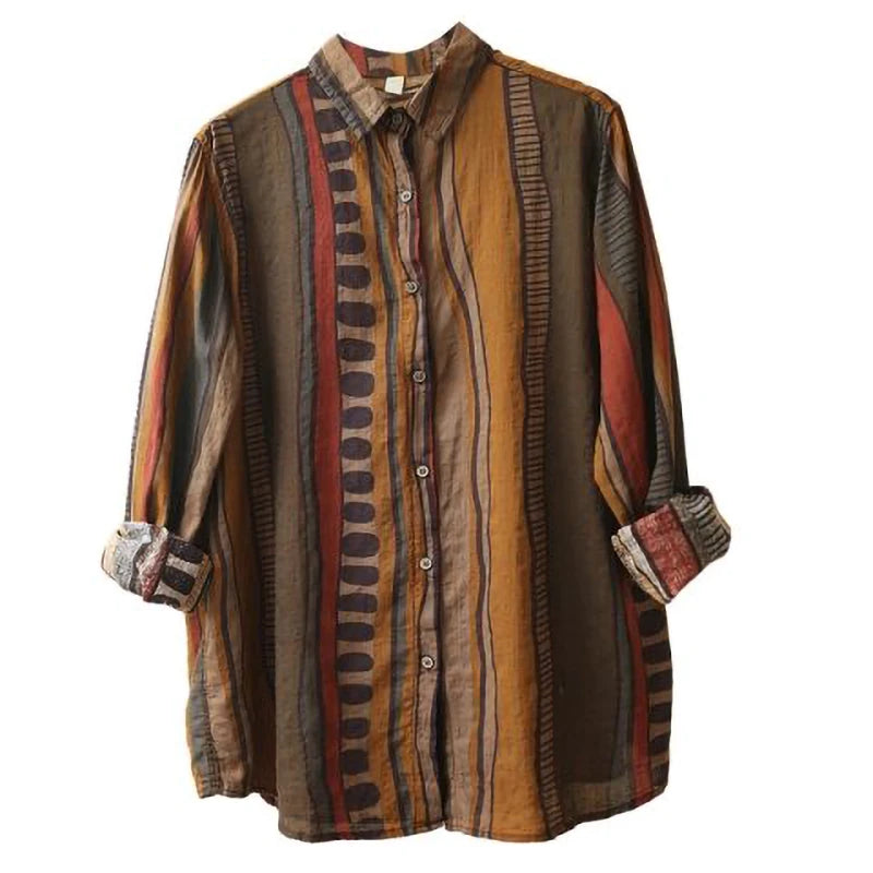 Aesthetic Ethnic Print Cotton Linen Shirt Women