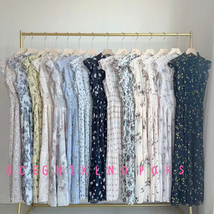 Kuzuwata Fresh Mid-length Print High Waist Robe New Gentle Literary Lace Up Pleated Slim Exquisite Mujer Japan New Elegant Dress