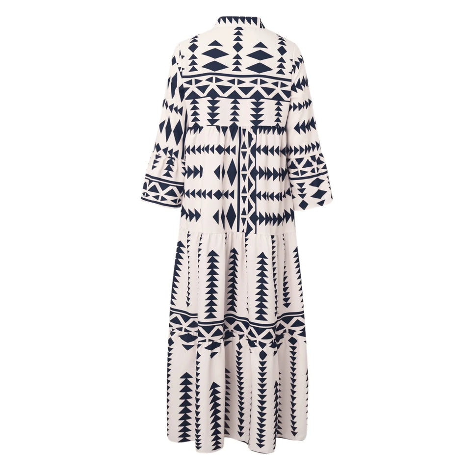 Summer Shirt Dresses Women Long Sleeve Pleated Boho Print Long Dress Robe Ladies Fashion Vintage Beach Maxi Dresses Vestidos
