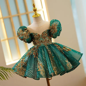 Kids Luxury Party Green Gold Dresses for Girls Size 1 - 12 Years Birthday Photo Shoot Gown Evening Formal Lace Dress Prom Frock