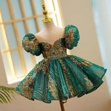 Kids Luxury Party Green Gold Dresses for Girls Size 1 - 12 Years Birthday Photo Shoot Gown Evening Formal Lace Dress Prom Frock